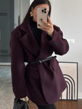 Tineit Elegant Burgundy Blazer Coat Women Notched Single Breasted Belts Long Sleeve Vintage Jacket Female 2025 Spring All-match Outwear