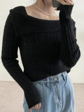 Tineit Solid Lapel Neck Slim Knit Sweater