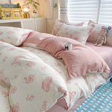 Tineit Ins Floral Bedding Set Soft Duvet Cover with Zipper No Filler Flat Sheet Pillowcase Cream Green Twin Queen Size Bed Linens