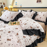 Tineit Ink Style A-class Skin Friendly Washed Cotton Four Piece Set With Lotus Leaf Lace Bedding, Bedsheet, Duvet Cover, Single Bed