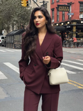 Tineit Office Solid Lapel Women Coat Burgundy Double Breasted Lady Blazers 2025 Fashion Autumn Pocket Long Sleeve Suit Female Jacket