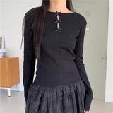 Tineit Fashion All-match Long Sleeve Knitted Tops Women Y2k E-Girl O-neck Hollow Out Bow T-shirts 2025 New Slim Fit Tee Shirt