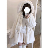 Tineit Cute Rabbit Ears Hooded Lolita Plush Jacket Women Autumn Winter New Thickened Warm Corner Buckle Mid-length Plush Jacket Student