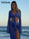 Tineit Sexy Knit Hollow Out Crop Vest Skirt Sets Women V-neck Long Sleeve Lace Up Vests Split Long Skirts 2024 Summer Lady Beach Outfit