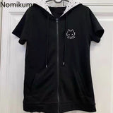 Tineit Hooded Sweatshirts for Women 2025 Ropa Mujer Short Sleeve Tunic Streetwear Japanese Y2k Tops Fashion Casual Black Hoodies Coat