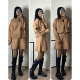 Tineit Elegant Knitted Sweater Skirt Sets Women O-neck Long Sleeve Loose Sweaters Mini Skirts Suits 2 Pieces 2025 Spring Lady Outfits