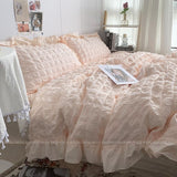 Tineit INS Girl Blue Bedding Sets Solid Color Seersucker Ruffles Lace  Kawaii Soft Sheet Woman Duvet Cover Pillow Covers Quilt Cover