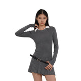 Tineit Women Korean Preppy Style Mini Black Shirt Dress Fake Two Pieces Long Sleeve One-Piece with Belt 2000s Aesthetic Party Y2k Tide