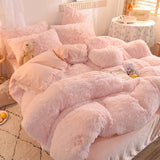 Tineit Luxury Winter Warm Long Plush Pink Bedding Set Queen Mink Velvet Double Duvet Cover Set with Fitted Sheet Warmth Quilt Covers