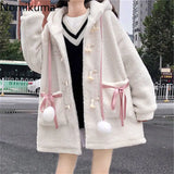 Tineit Winter Coat Warm 2025 Women Clothing Preppy Style Fashion Thicked Hooded Outwear Oversized Tops Pockets Bow Cartoon Cute Jackets