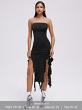 Tineit 2024 New Y2k Balletcore Black Ruffles Tube Dress Midi Dress