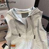 Tineit Hooded Gray Vest for Women Sleeveless Zipper Jackets 2025 Ropa Mujer Streetwear Fashion Waistcoat Y2k Tops Causal Korean Tanks