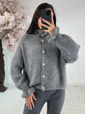 Tineit Fungus Collar Casual Solid Cardigan Women Chic Single Breasted Loose Knitted Long Sleeve Tops Sweater 2025 Autumn Elegant Coat