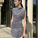 cold weather outfits Tineit 2024 Women Sequined Party Dress Shoulder Pad Sheath Mini Dress Sleeveless Nightclub Party Women Elegant Chic Dresses