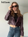 Tineit Fashion Women's Burgundy Crop Leather Jacket Vintage Lapel Pockets Long Sleeve Coat 2024 Autumn Winter Lady Street Loose Outwear