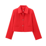 Tineit Street Red Single Breasted Short Coats Women Lapel Long Sleeve Pockets Female Jackets 2024 Autumn Lady Elegant Commute Outwear