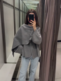 Tineit 2024 Fashion Grey Scarf Collar Jacket For Women Autumn Elegant Loose Long Sleeve Short Coat New Female Classic Casual Streetwear