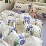 Tineit Floral Printed Duvet Cover Fresh Tulip Flower Comforter Cover and Sheet Pillowcase Skin-friendly Girl Home Bedding Set NO Filler