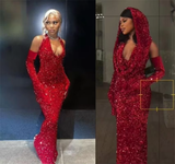 Tineit Sexy Mermaid Halter Red Sequin Long Prom Dress With Gloves (PRE-ORDER)