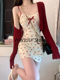 Tineit Sweet 2 Piece Dress Set Woman Red Long Sleeve Cardigan + Strap Floral Y2k Mini Dress Party Korean Fashion Suit 2025 Autumn Chic