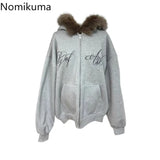 Tineit Furry Hooded Sweatshirts Coat Women Clothing Streetwear Fashion Y2k Tops 2025 Ropa Mujer Letter Casual Thicked Zipper Jackets