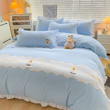 Tineit Kawaii Princess Bedding Set with White Ruffles Korean Style Girls Single Full Duvet Cover No Filling Flat Sheet Pillowcases Kit