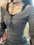 Tineit Fashion Vintage V-neck Knitted Tops Women 2025 Early Autumn New Sweaters Mujer Y2k Grunge Slim Fit Long Sleeve Pullovers