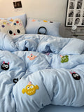 Tineit Korean Style Fresh Bedding Set Water Washed Cotton Cute Towel Embroidered Duvet Covers, Bed Sheets, Dormitory