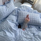 Tineit INS Girl Blue Bedding Sets Solid Color Seersucker Ruffles Lace  Kawaii Soft Sheet Woman Duvet Cover Pillow Covers Quilt Cover