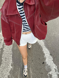 Tineit 2025 New Chic Red Contrast Stitch Leather Bomber Jacket Women's Fashion Zipper Front Lapel Pocket Coat Fall Lady High Streetwear