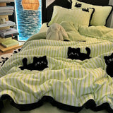 Tineit Korean Style Bedding Set Green Strip Black Cat Embroidery Washed Cotton  Duvet Cover Cute Cardboard  Bed linen Comforter Sets