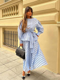 Tineit Elegant Stripe Print Skirt Set Women Fashion Belt Lantern Sleeve Shirt Pleated Long Skirts 2024 Spring Summer Casual Lady Outfit