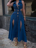 Tineit Hollow Out Denim Long Dress Women Slim Lapel Sleeveless Metal Buckle Multi Split Female Dresses 2024 Summer Lady Chic Streetwear