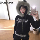 Tineit Winter Love Song Design Sense Furry Patchwork Hooded Zipper Coats American Fleece Jacket E-girl Gothic Grunge Black Coats