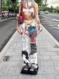 christmas outfit Tineit Women's White Baggy Graffiti Print Jeans Harajuku Denim Trousers Japanese 2000s Style Y2k Vintage Jean Pants Emo Trashy Clothes