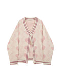 christmas outfit Tineit 2025 Fashion Women Cardigan Sweater Long Sleeve V-neck Single Breasted Pink Sweet Heart-shaped Print Casual Loose Knitwear Coat