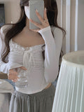 Tineit 2025 Spring Basic Lace Y2k Crop Tops Woman Slim Pure Color Korean T-shirt Office Lady Casual Fashion Clothing Female Design