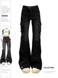 christmas outfit Tineit Women Black Gothic Cargo Flare Jeans Emo 2000s Vintage High Waist Baggy Denim Trousers Y2k Harajuku 90s Aesthetic Pants Clothes