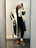 Tineit Women's Chic Contrast Spliced Lamb Wool Long Jackets Fashion Belted Thicken Warm Lapel Full Sleeved Coat Female Loose Streetwear