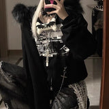 Tineit Harajuku Black Jackets Women's Clothing Furry Hooded Zip-up Outwear Streetwear Fashion Casual Print Y2k Coats 2025 Ropa Mujer