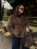 Tineit 2025 Fashion Brown Women's Lace Up Faux Fur Coat Vintage V-neck Long Sleeve Fluffy Plush Jacket New Chic Ladies High Streetwear