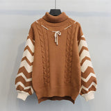 thanksgiving outfit Tineit Twisted Turtleneck Pullover Sweater Women Lantern Sleeves Striped Pactchwork Fall Winter Warm Knitted Sweater Casual Lazy Tops