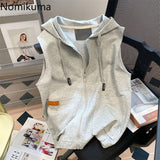 Tineit Hooded Gray Vest for Women Sleeveless Zipper Jackets 2025 Ropa Mujer Streetwear Fashion Waistcoat Y2k Tops Causal Korean Tanks