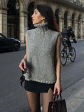 Tineit Knitted Sleeveless High Collar Waistcoat Sweater Women Casual All-match Solid Chic 2025 Autumn Vest Female Street All-match Coat