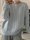 Tineit Solid Crew Neck Cable Knit Sweater