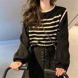 thanksgiving outfit Tineit Black White Striped Knitted Sweater Women Korean Fashion Lantern Sleeve Fall Winter Sweet Fake Two-Piece Pullover School Jumpers