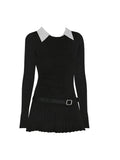 Tineit Women Korean Preppy Style Mini Black Shirt Dress Fake Two Pieces Long Sleeve One-Piece with Belt 2000s Aesthetic Party Y2k Tide