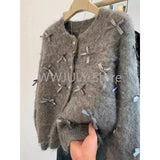 Tineit 2025 Autumn Winter Women Temperament High Soft Mohair Knitted Cardigan Fragrant Coat Casual Tops Korean Grey Bow Sweater