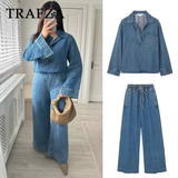 cold weather outfits Tineit 2024 Spring Summer Casual Denim Women Suits Fashion Vintage Turn-down Collar Pocket Shirts+Chic Drawstring Wide Leg Pants