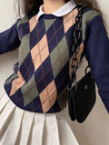 Tineit 2024 Fall Fashion Vintage Argyle Pullover Sweater